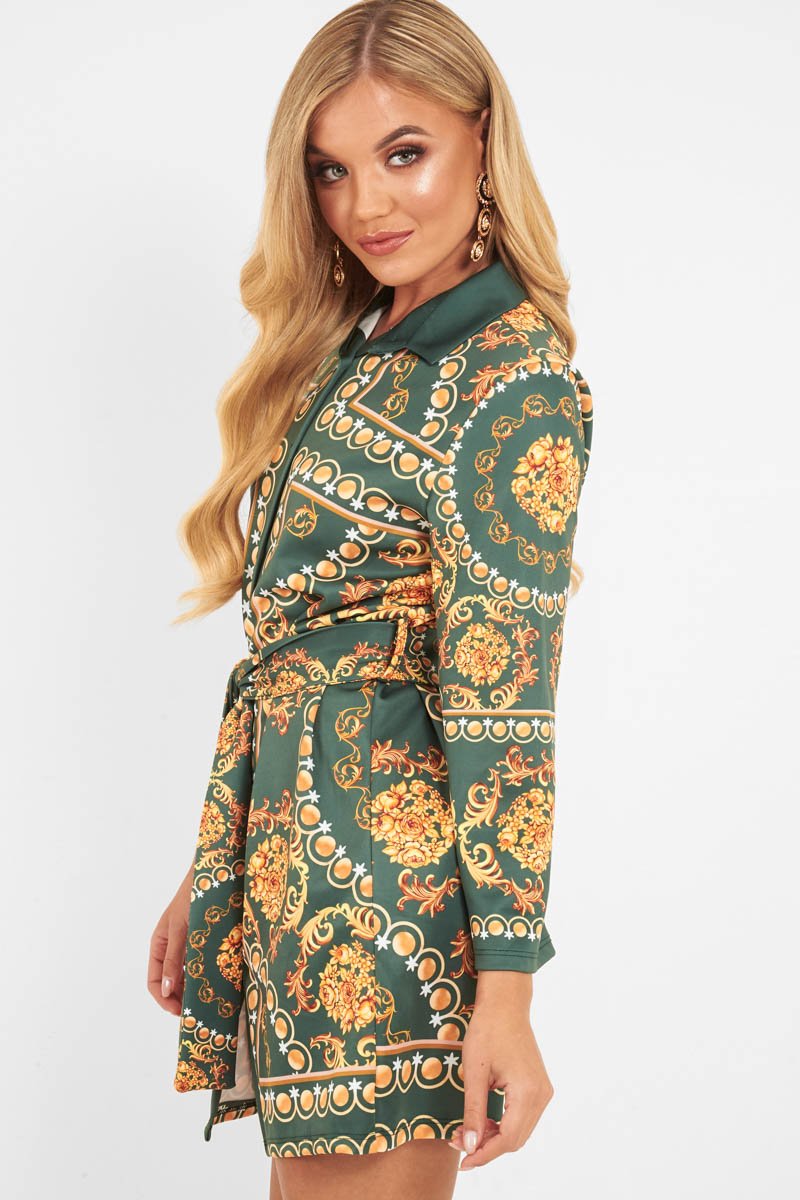 Green Gold Chain Print Belted Shirt Dress - Estie Rebellious Fashion Green Gold Chain Print Belted Shirt Dress - Estie Rebellious Fashion