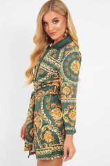 Green Gold Chain Print Belted Shirt Dress - Estie-Dresses