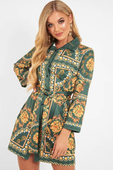 Green Gold Chain Print Belted Shirt Dress - Estie-Dresses