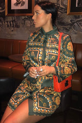 Green Gold Chain Print Belted Shirt Dress - Estie-Dresses