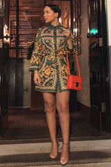 Green Gold Chain Print Belted Shirt Dress - Estie-Dresses