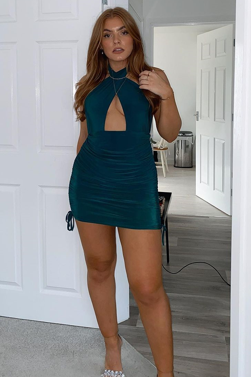 Green Halter Neck Slinky Mini Dress | Halter Neck Dresses | Rebellious Fashion Green Halter Neck Slinky Mini Dress | Halter Neck Dresses | Rebellious Fashion
