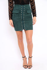 Green Lace Up Suedette Mini Skirt - Lotty-Skirts