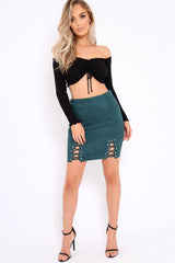 Green Lace Up Suedette Skirt - Jenna-Skirts