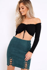 Green Lace Up Suedette Skirt - Jenna-Skirts