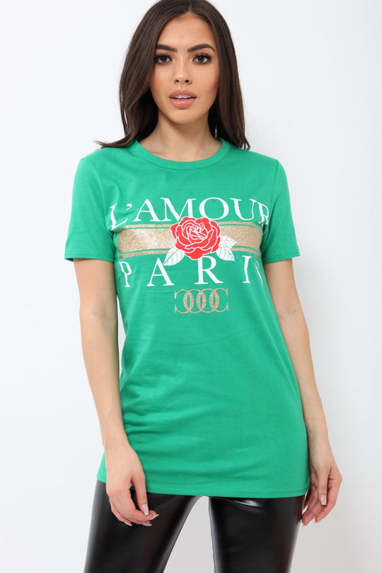 Green L'amour Paris Rose Slogan T-shirt - Marissa