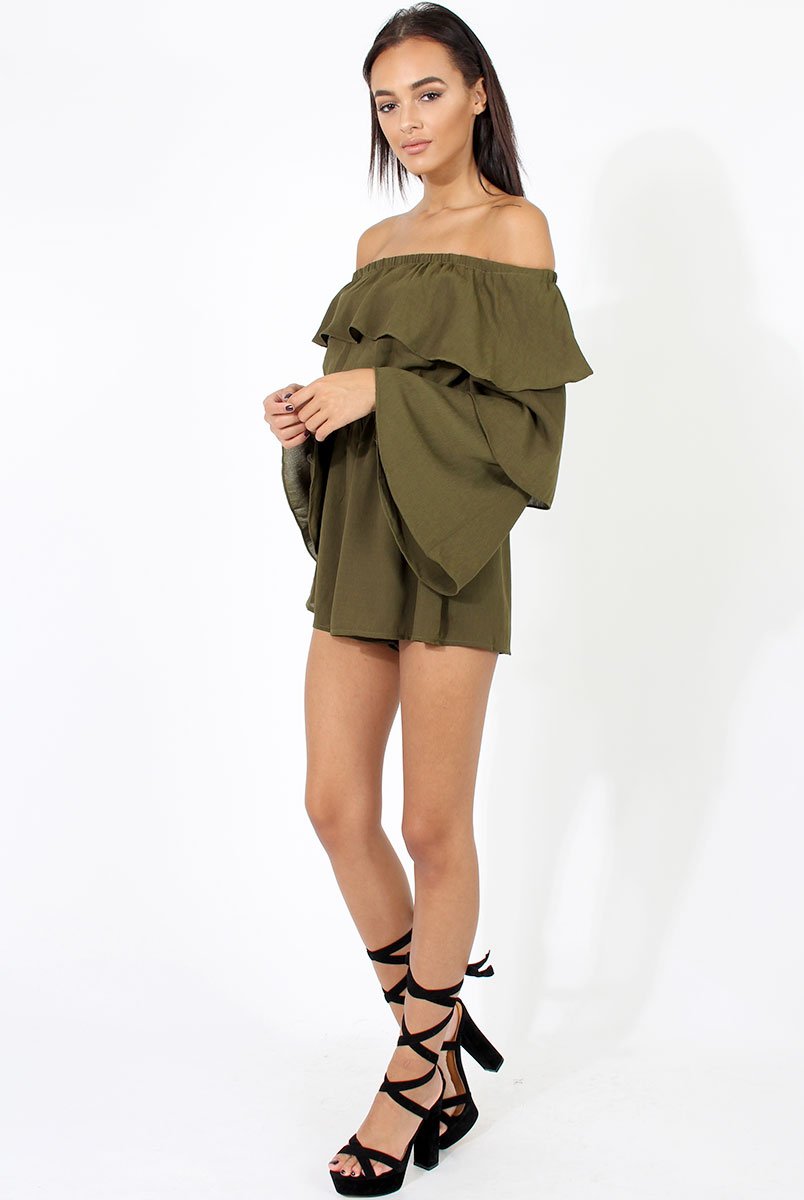 Green Layered Bardot Playsuit - Barbara-Playsuits