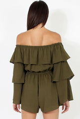 Green Layered Bardot Playsuit - Barbara-Playsuits