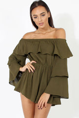 Green Layered Bardot Playsuit - Barbara-Playsuits