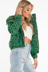 Green Leopard Print Zip Front Puffer Coat - Lidya-Coats