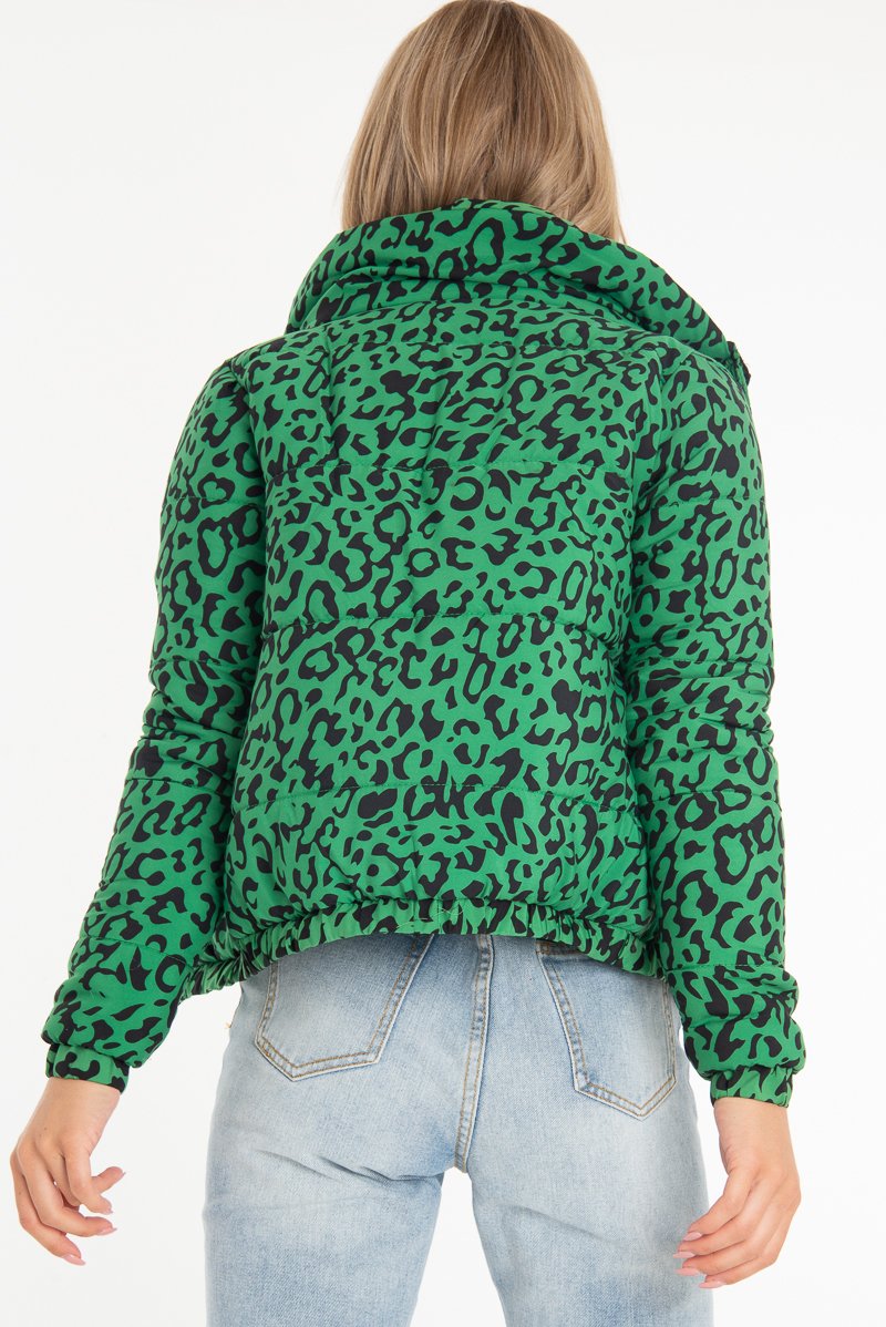 Green Leopard Print Zip Front Puffer Coat - Lidya-Coats