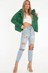 Green Leopard Print Zip Front Puffer Coat - Lidya-Coats