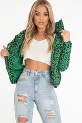 Green Leopard Print Zip Front Puffer Coat - Lidya-Coats