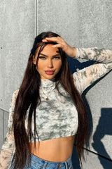 Green Marble Ruched Inside Mesh Crop Top - Mally-Crop Tops