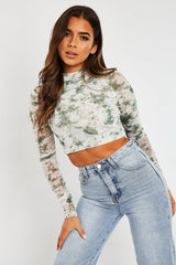 Green Marble Ruched Inside Mesh Crop Top - Mally-Crop Tops