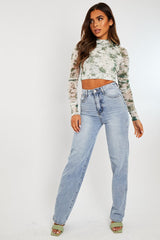 Green Marble Ruched Inside Mesh Crop Top - Mally-Crop Tops