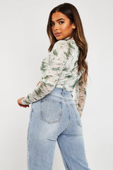 Green Marble Ruched Inside Mesh Crop Top - Mally-Crop Tops