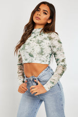 Green Marble Ruched Inside Mesh Crop Top - Mally-Crop Tops