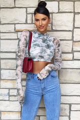 Green Marble Ruched Inside Mesh Crop Top - Mally-Crop Tops