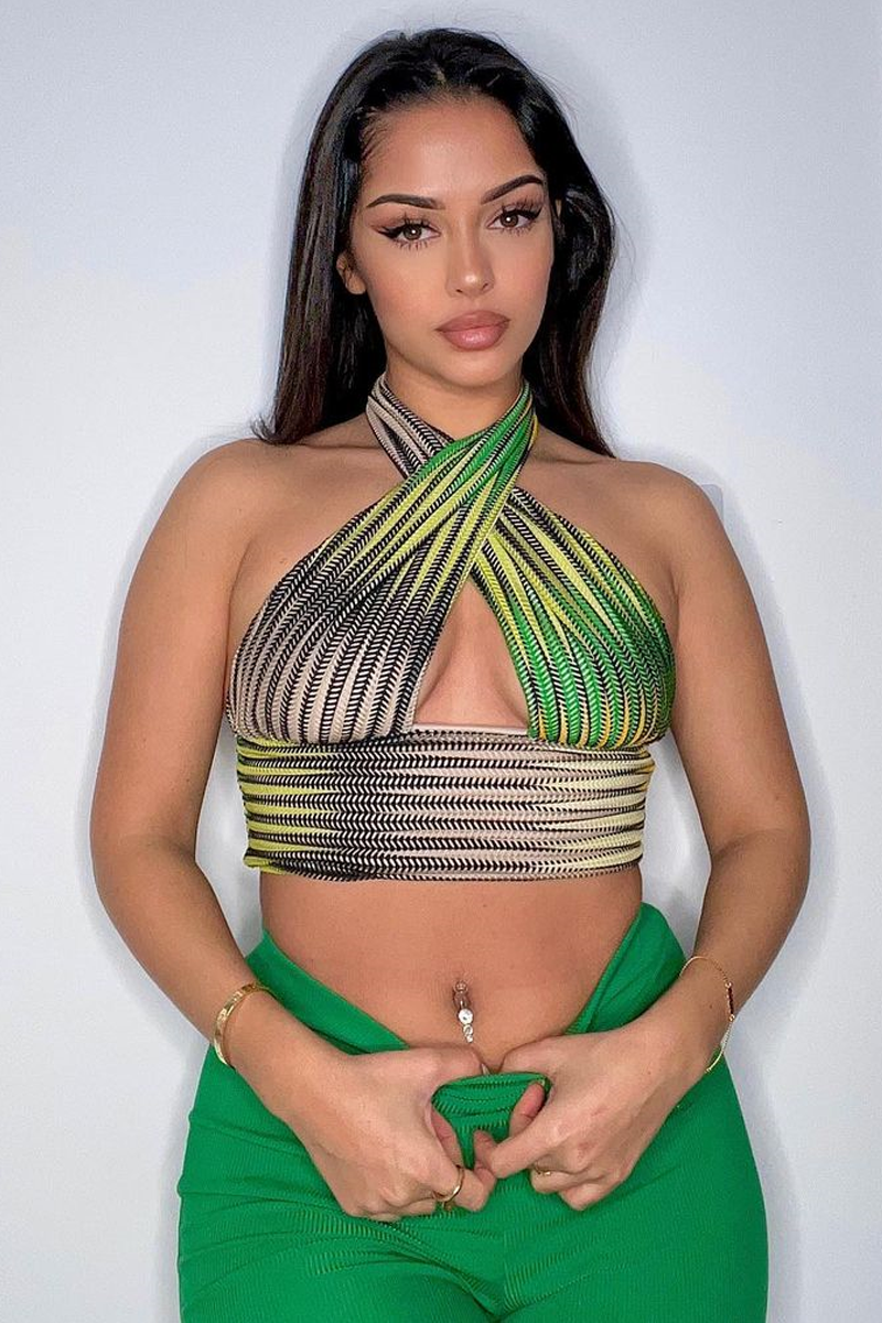 Green Mesh Blend Halter Neck Crop Top - Naroa