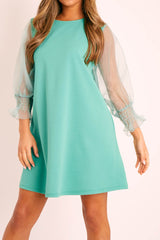 Green Mesh Sleeve Shift Dress - Elizzie-Dresses