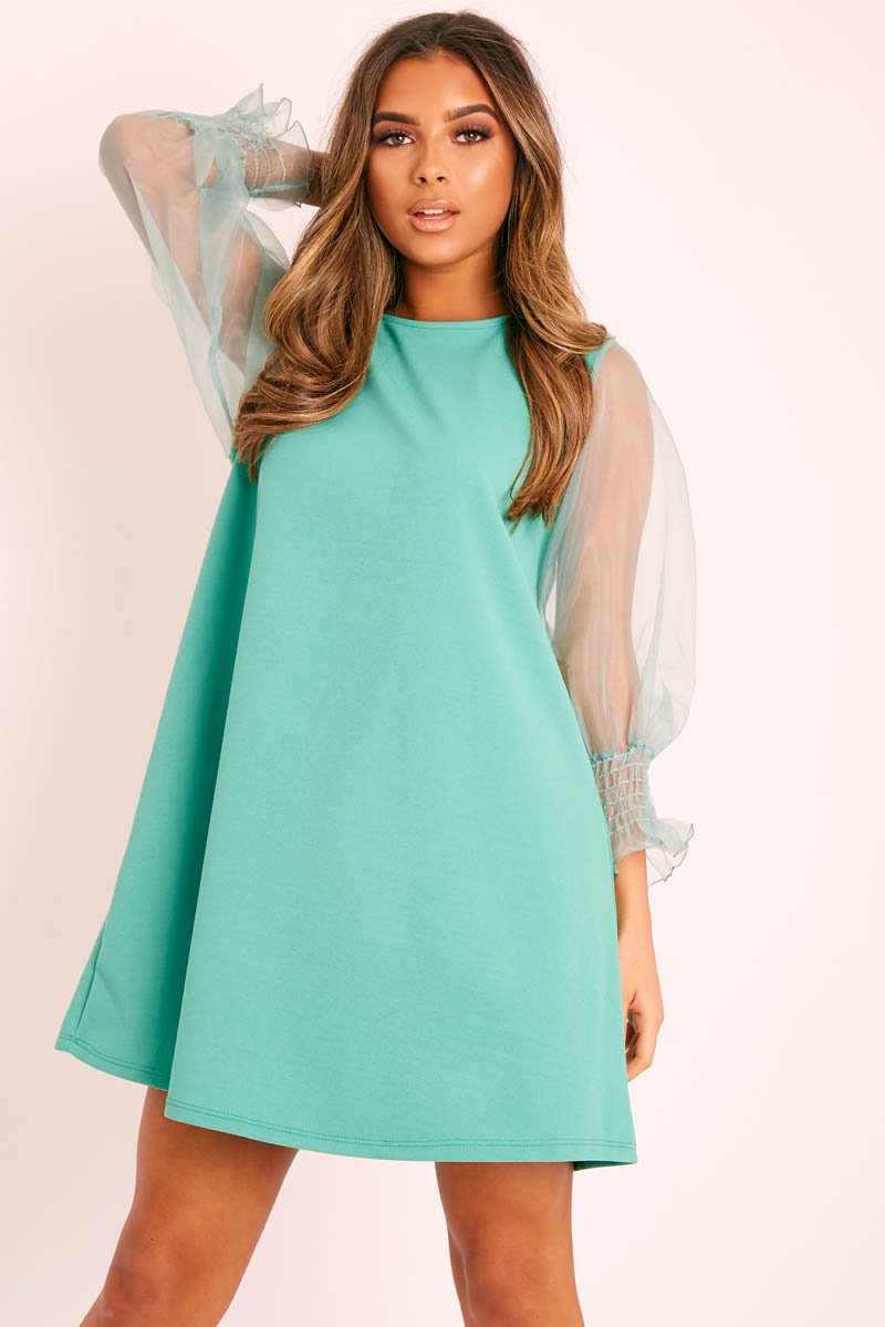 Green Mesh Sleeve Shift Dress - Elizzie-Dresses
