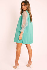 Green Mesh Sleeve Shift Dress - Elizzie-Dresses
