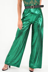 Green Metallic High Waist Wide Leg Trousers - Lissette-Trousers
