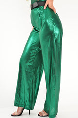 Green Metallic High Waist Wide Leg Trousers - Lissette-Trousers