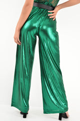 Green Metallic High Waist Wide Leg Trousers - Lissette-Trousers