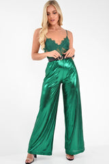 Green Metallic High Waist Wide Leg Trousers - Lissette-Trousers
