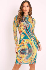 Green Multi Tie Die Bodycon Midi Bodycon Dress - Yazmyn-Dresses