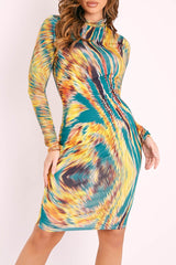 Green Multi Tie Die Bodycon Midi Bodycon Dress - Yazmyn-Dresses