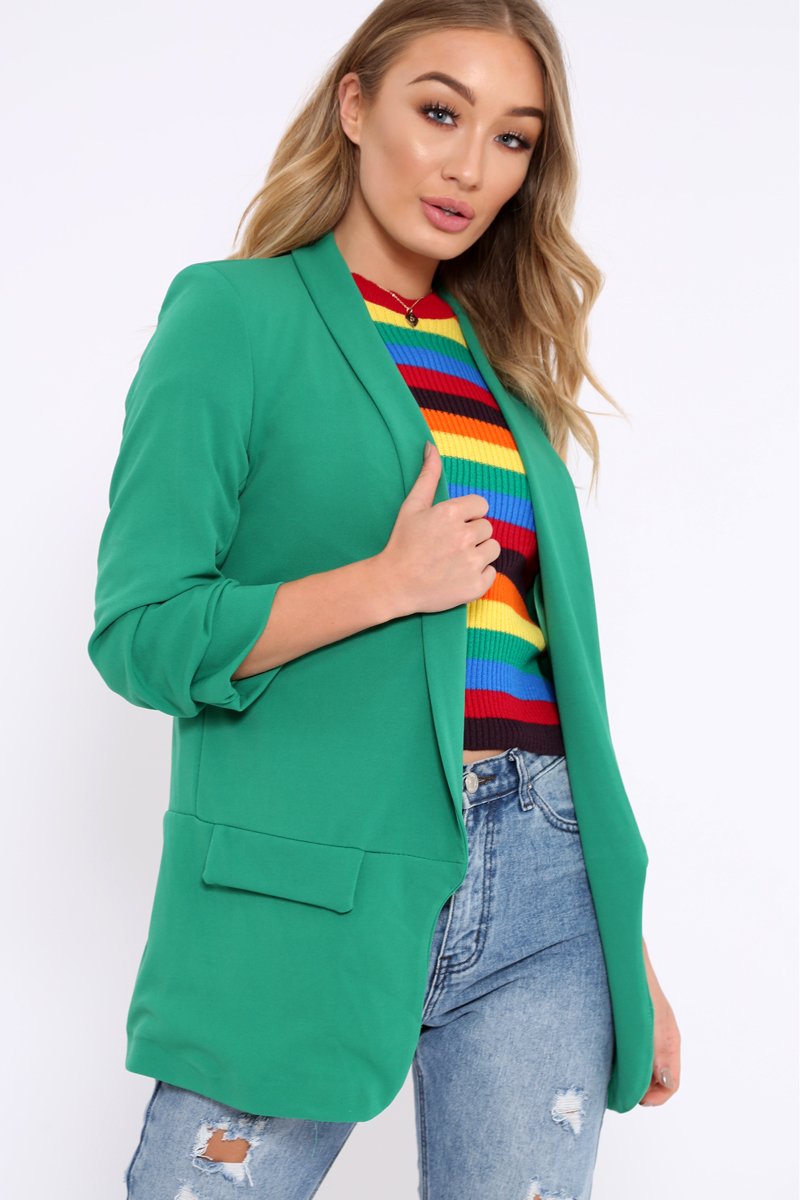 Green Open Front Ruffled Sleeves Blazer - Kanna-Jackets