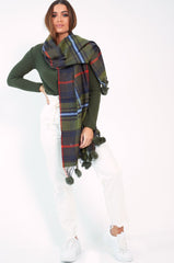 Green Orange Blue Tartan Pom-Pom Scarf - Aayat-Scarf