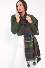 Green Orange Blue Tartan Pom-Pom Scarf - Aayat-Scarf
