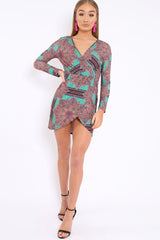 Green Paisley Print Slinky Wrap Dress - Denise-Dresses