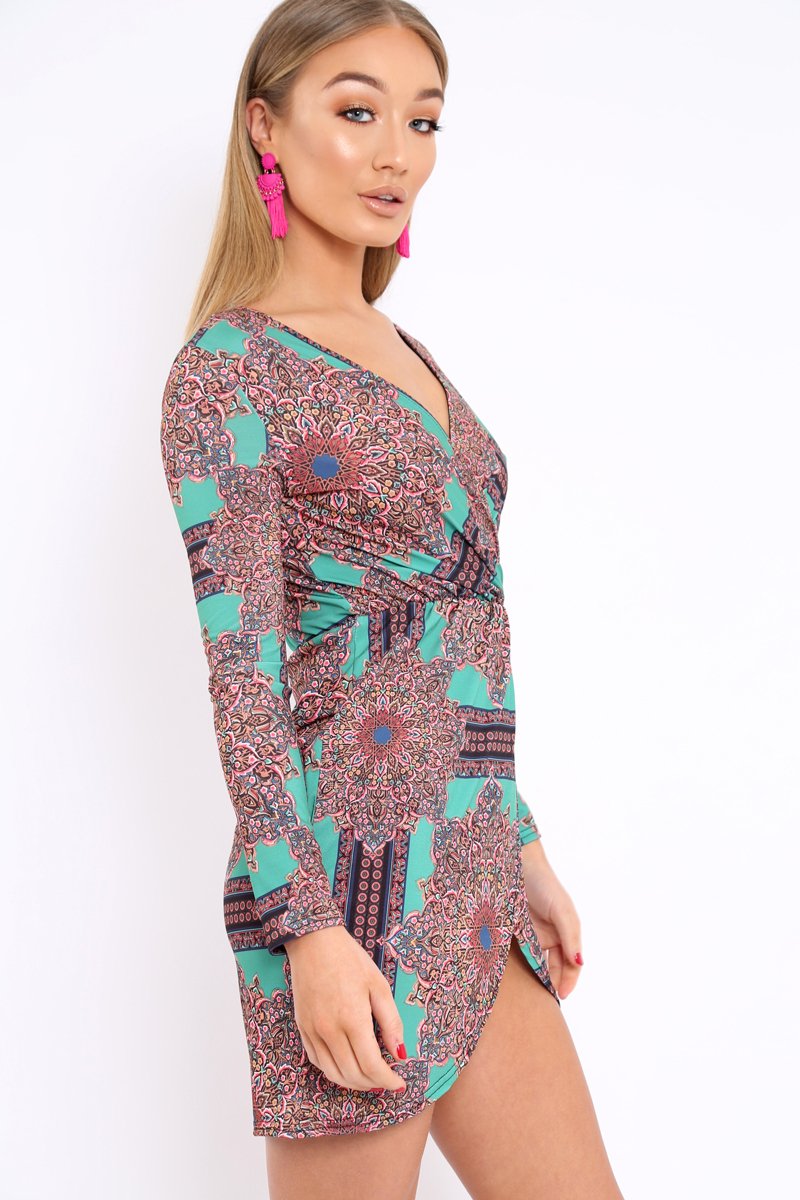Green Paisley Print Slinky Wrap Dress - Denise-Dresses