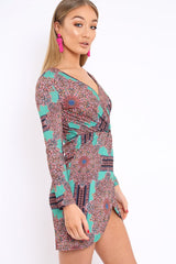 Green Paisley Print Slinky Wrap Dress - Denise-Dresses