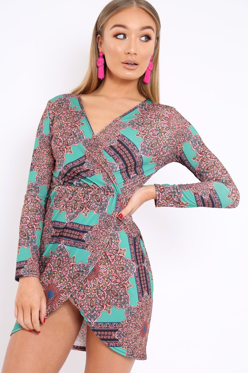 Green Paisley Print Slinky Wrap Dress - Denise-Dresses