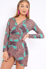 Green Paisley Print Slinky Wrap Dress - Denise-Dresses
