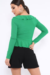 Green Plunge Frill Wrap Tie Front Top - Rebecca-Tops