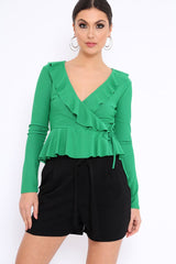 Green Plunge Frill Wrap Tie Front Top - Rebecca-Tops
