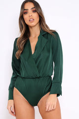Green Plunge Satin Bodysuit - Rebeka-Bodysuits