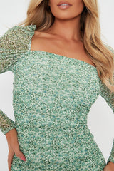 Green Puff Sleeve Floral Mesh Side Ruched Dress - Cyrene-Dresses