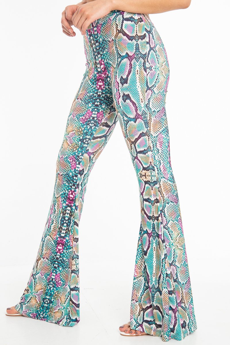 Green Purple Yellow Snake Print Flared Trousers - Mianna-Trousers