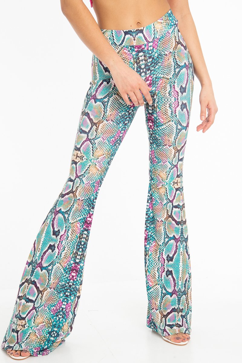 Green Purple Yellow Snake Print Flared Trousers - Mianna-Trousers