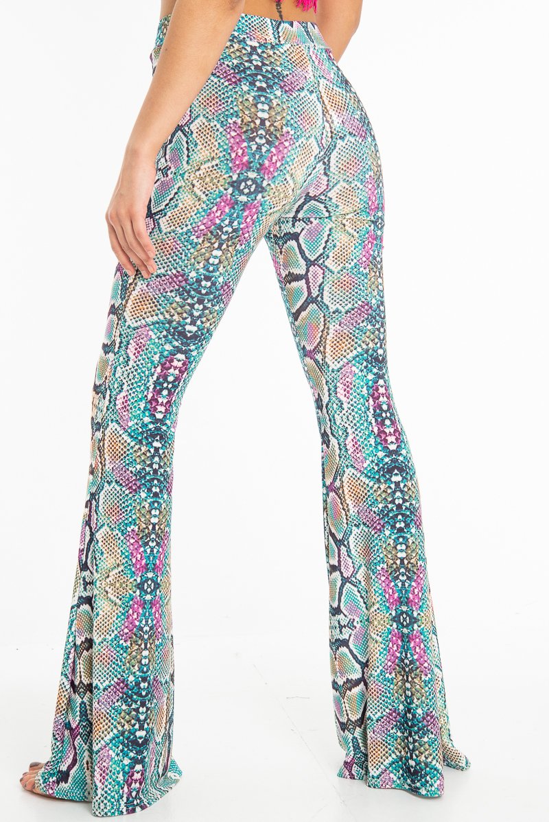 Green Purple Yellow Snake Print Flared Trousers - Mianna-Trousers