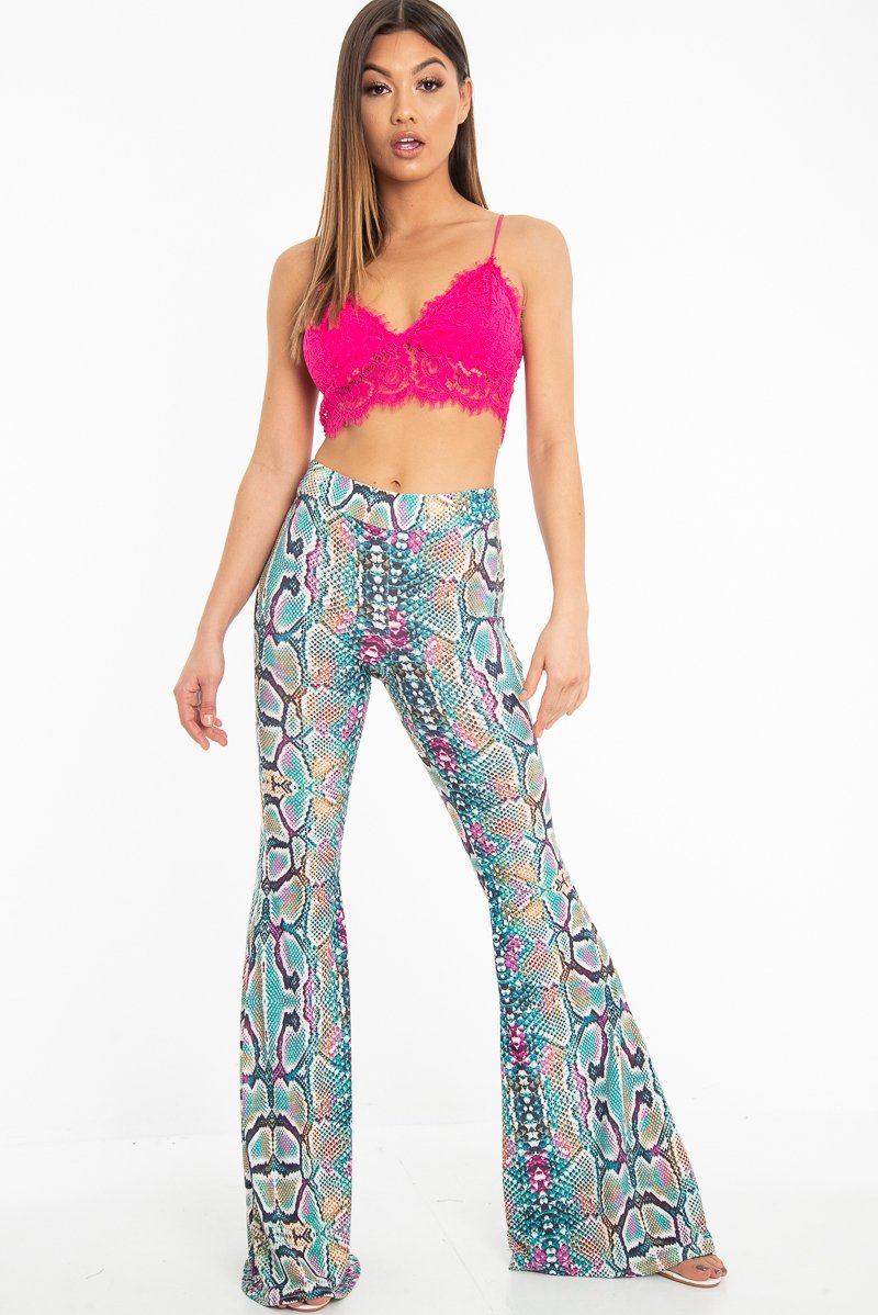Green Purple Yellow Snake Print Flared Trousers - Mianna-Trousers