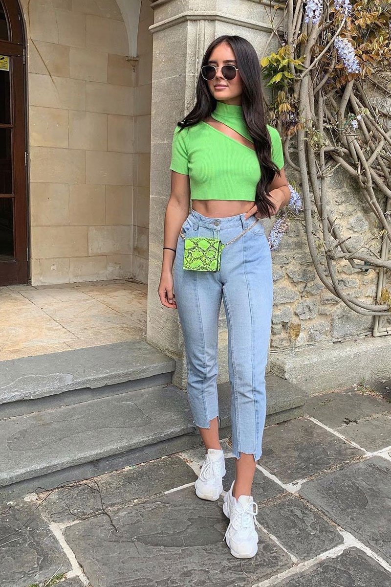 Green Rib High Neck Crop Top - Talina-Crop Tops